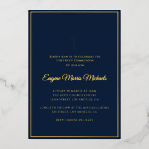 Invitation En Aluminium croix dorée simple communion bleue