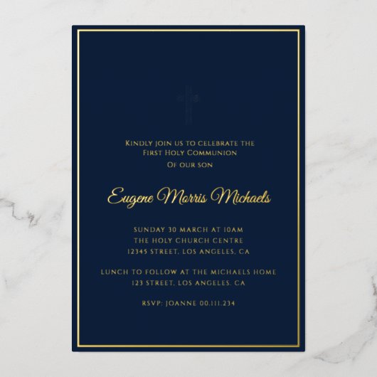 Invitation En Aluminium croix dorée simple communion bleue (Recto)