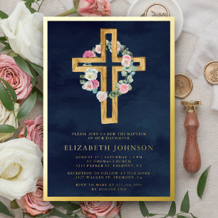 Invitation En Aluminium Croix en bois de Eucalyptus floral Baptême Navy Or