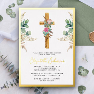 Invitation En Aluminium Croix en bois rustique Boho Pampas Eucalyptus Bapt
