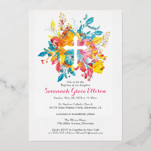Invitation En Aluminium Croix en feuille d'argent avec fleurs de baptême à