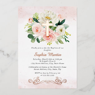 Invitation En Aluminium Croix en or rose fleurs fille rose baptême