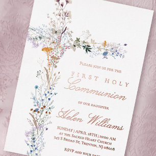 Invitation En Aluminium Croix florale de première communion