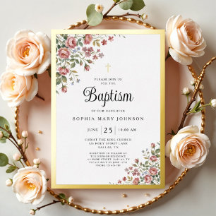 Invitation En Aluminium Croix florale rose élégante pour baptême de fille