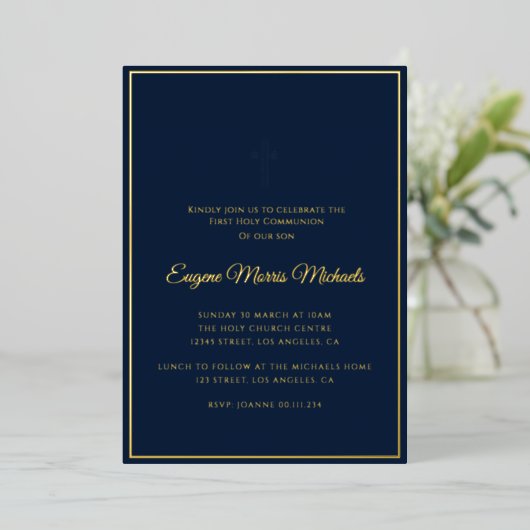 Invitation En Aluminium croix or simple bleu première communion (Debout devant)