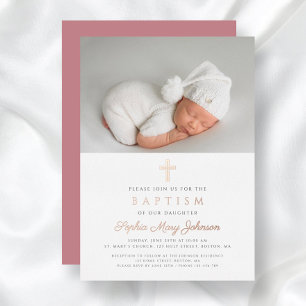 Invitation En Aluminium Croix religieuse en or rose fille photo baptême