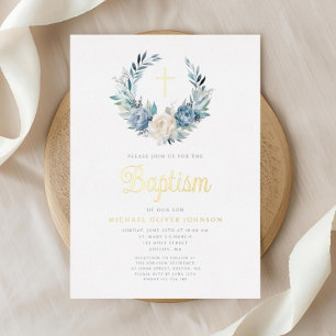 Invitation En Aluminium Croix Religieuse Florale Bleue Élégante Baptême Ga