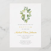 Invitation En Aluminium Croix religieuse Vert Baptême Botanique Or (Recto)