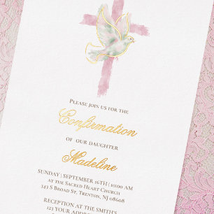 Invitation En Aluminium croix rose Confirmation du Saint-Esprit