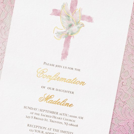 Invitation En Aluminium croix rose Confirmation du Saint-Esprit