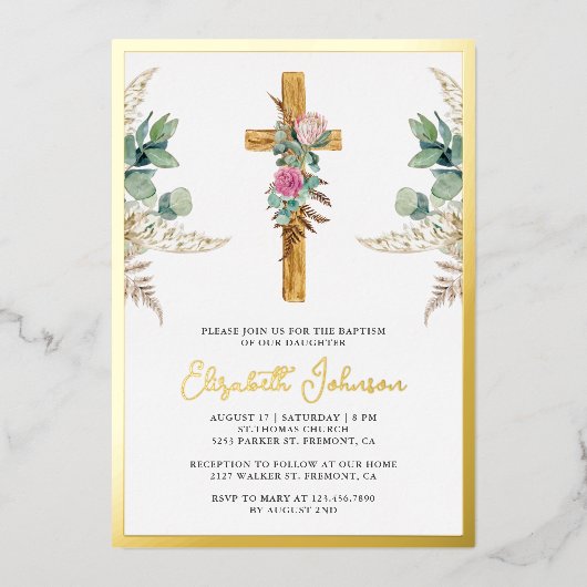 Invitation En Aluminium Croix Rustique Boho Pampas Eucalyptus Baptême (Recto)