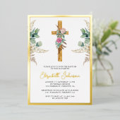 Invitation En Aluminium Croix Rustique Boho Pampas Eucalyptus Baptême (Debout devant)
