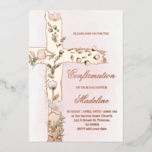 Invitation En Aluminium croix sacrée florale Confirmation