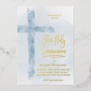 Invitation En Aluminium croix sainte bleu pastel Première Communion