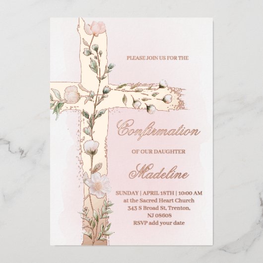 Invitation En Aluminium Croix sainte florale Confirmation (Recto)