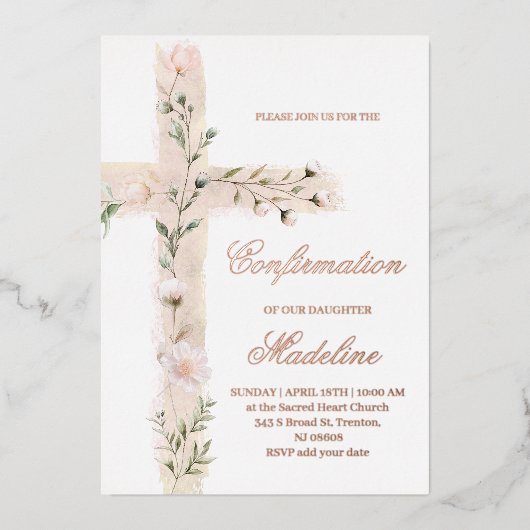 Invitation En Aluminium Croix sainte florale Confirmation (Recto)