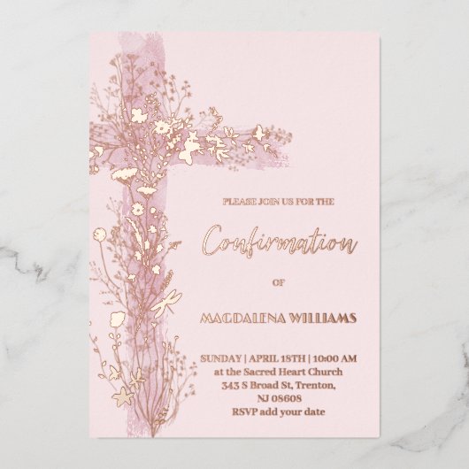 Invitation En Aluminium croix sainte rose confirmation (Recto)