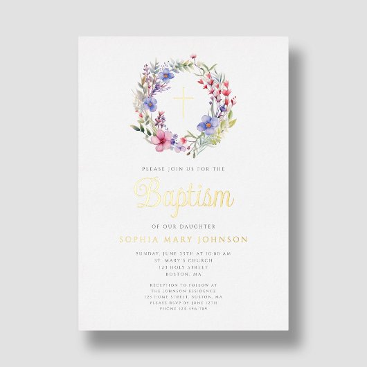 Invitation En Aluminium Cute Floral Wreath Religieuse Fille Baptême Or