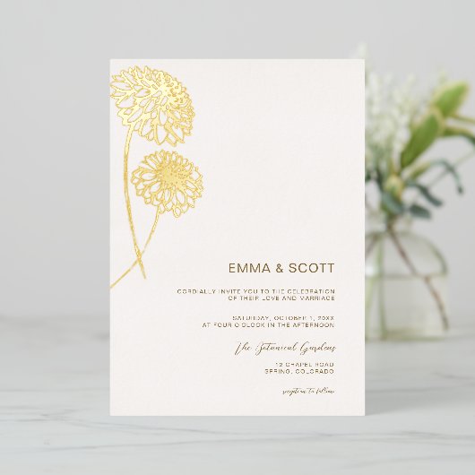 Invitation En Aluminium Dahlia Art Sketch Gold Modern Mariage de automne G (Debout devant)