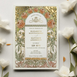 Invitation En Aluminium Dahlia doré Art nouveau mariage vintage