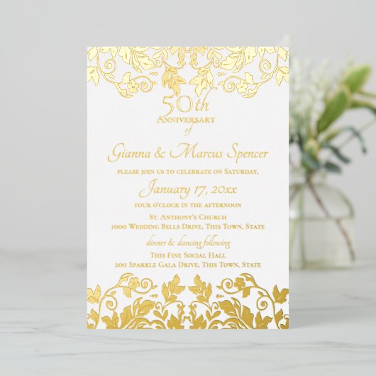Invitation En Aluminium Damask doré 50e anniversaire (Debout devant)