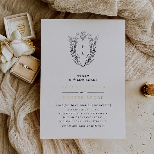 Invitation En Aluminium DAPHNE Noir Blanc Or Monogramme Mariage de verdure