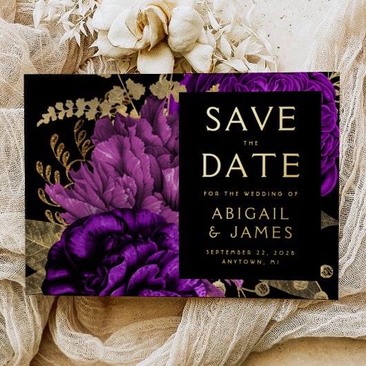 Invitation En Aluminium Dark Floral Purple Gold Wedding Save the Date