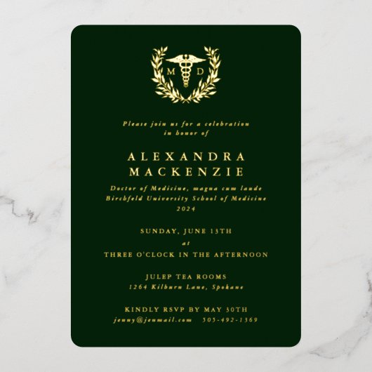 Invitation En Aluminium Dark Green MD Caduceus + Laurel Wreath Graduation (Recto)