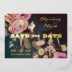 Invitation En Aluminium Dark Moody Bold Floral Gold Enregistrer La Date