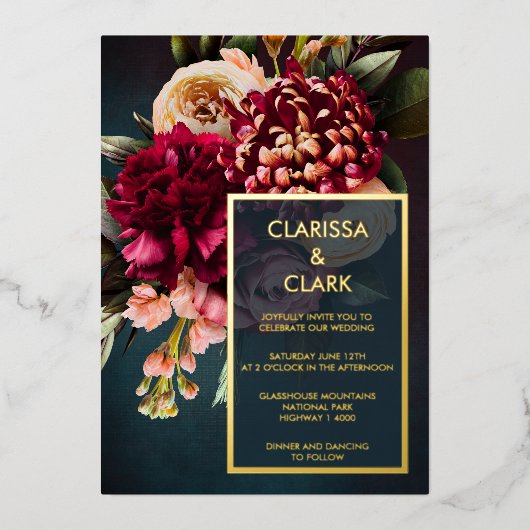 Invitation En Aluminium Dark Moody Bold Floral Gold Mariage Foil Invitati (Recto)