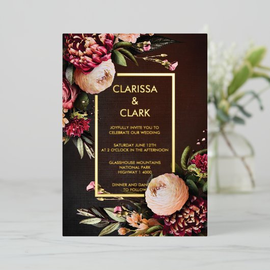 Invitation En Aluminium Dark Moody Bold Floral Marsala Mariage (Debout devant)