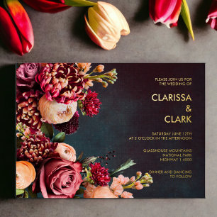 Invitation En Aluminium Dark Moody Bold Floral Marsala Mariage