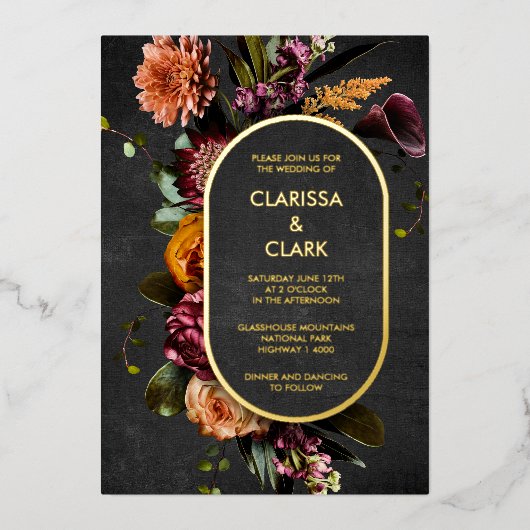 Invitation En Aluminium Dark Moody Bold Flower Mariage Foil Invitatiatiati (Recto)