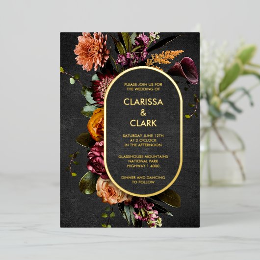 Invitation En Aluminium Dark Moody Bold Flower Mariage Foil Invitatiatiati (Debout devant)