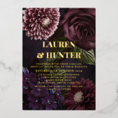 Invitation En Aluminium Dark Moody Bourgogne Floral Mariage Or (Recto)