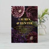 Invitation En Aluminium Dark Moody Bourgogne Floral Mariage Or (Debout devant)