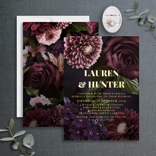 Invitation En Aluminium Dark Moody Bourgogne Floral Mariage Or