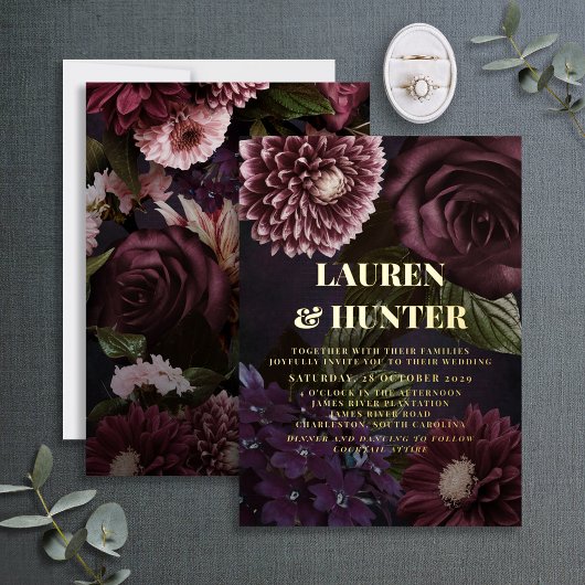 Invitation En Aluminium Dark Moody Bourgogne Floral Mariage Or