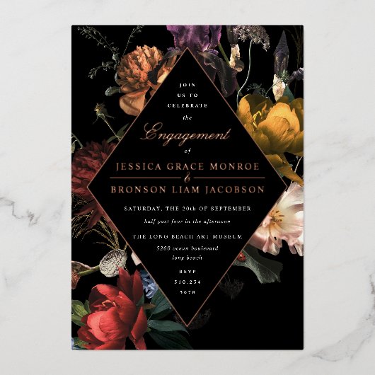 Invitation En Aluminium Dark Moody Romantic Floral Engagement Party (Recto)