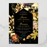 Invitation En Aluminium Dark Moody Romantic Floral Néerlandais Mariage<br><div class="desc">Un vrai papier d'aluminium est là ! Peintre hollandais foncé moody inspiré floraux avec des coutures de feuille d'or feuilles entourant le texte central. disponible en or rose,  argent et feuille d'or classique.</div>