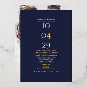Invitation En Aluminium Date de mariage élégante Photo Bleu Nuit et Or