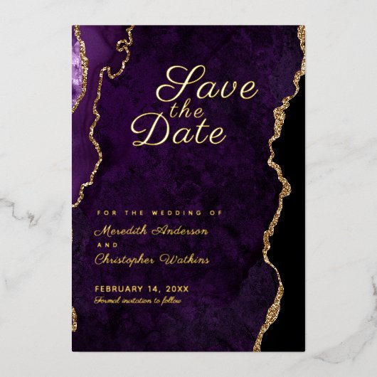 Invitation En Aluminium Date de sauvegarde Agate Violette Pailleur Doré (Recto)