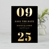 Invitation En Aluminium Date moderne Black and Gold Bold Enregistrer la da (Debout devant)