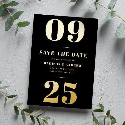 Invitation En Aluminium Date moderne Black and Gold Bold Enregistrer la da
