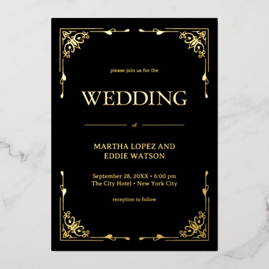 Invitation En Aluminium Déco moderne | Mariage élégant Noir et Or (Recto)