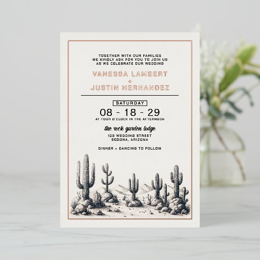 Invitation En Aluminium Décontracté Mariage Cactus (Debout devant)