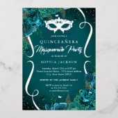 Invitation En Aluminium Défilé Floral Argent Sarcelle Mascarade Quinceaner (Recto)