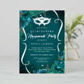 Invitation En Aluminium Défilé Floral Argent Sarcelle Mascarade Quinceaner (Debout devant)