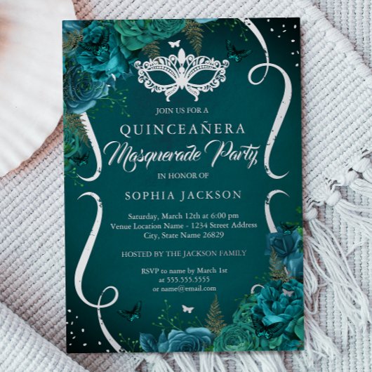 Invitation En Aluminium Défilé Floral Argent Sarcelle Mascarade Quinceaner