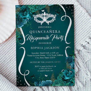 Invitation En Aluminium Défilé Floral Argent Sarcelle Masquerade Quinceane